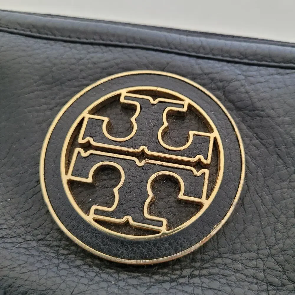 Tory Burch Solid Black Pebble Leather Zip Around Large Wallet Long Clutch Logo